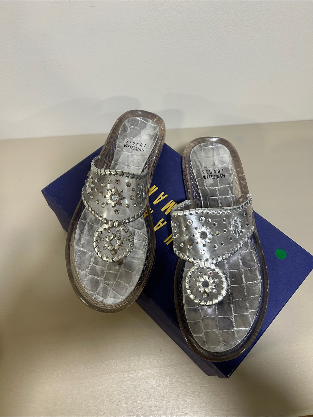 Stuart Weitzman Silver Croc-Embossed Studded Toe-Ring Mules with Crystal Accents